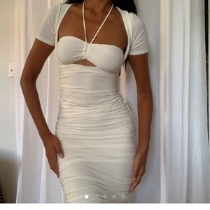 White rushed body con dress